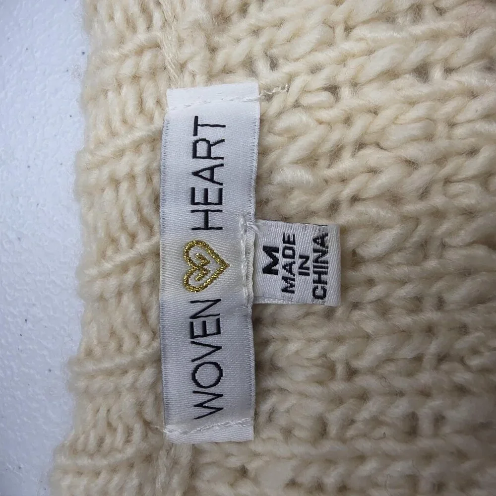 Woven Heart Sweater Womens Medium Cream Pink Red Colorblock Boucle Loop Knit - Picture 5 of 9